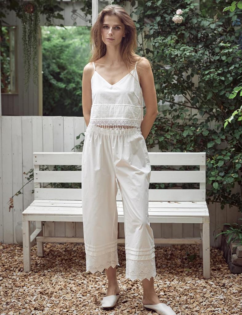 BEAUTELICATE with Lace Retro Size M Pettipants, 100% Cotton, Long, Non-See-Through, Pockets, Embroidery, 3-Pleated, Style, Layering, White,