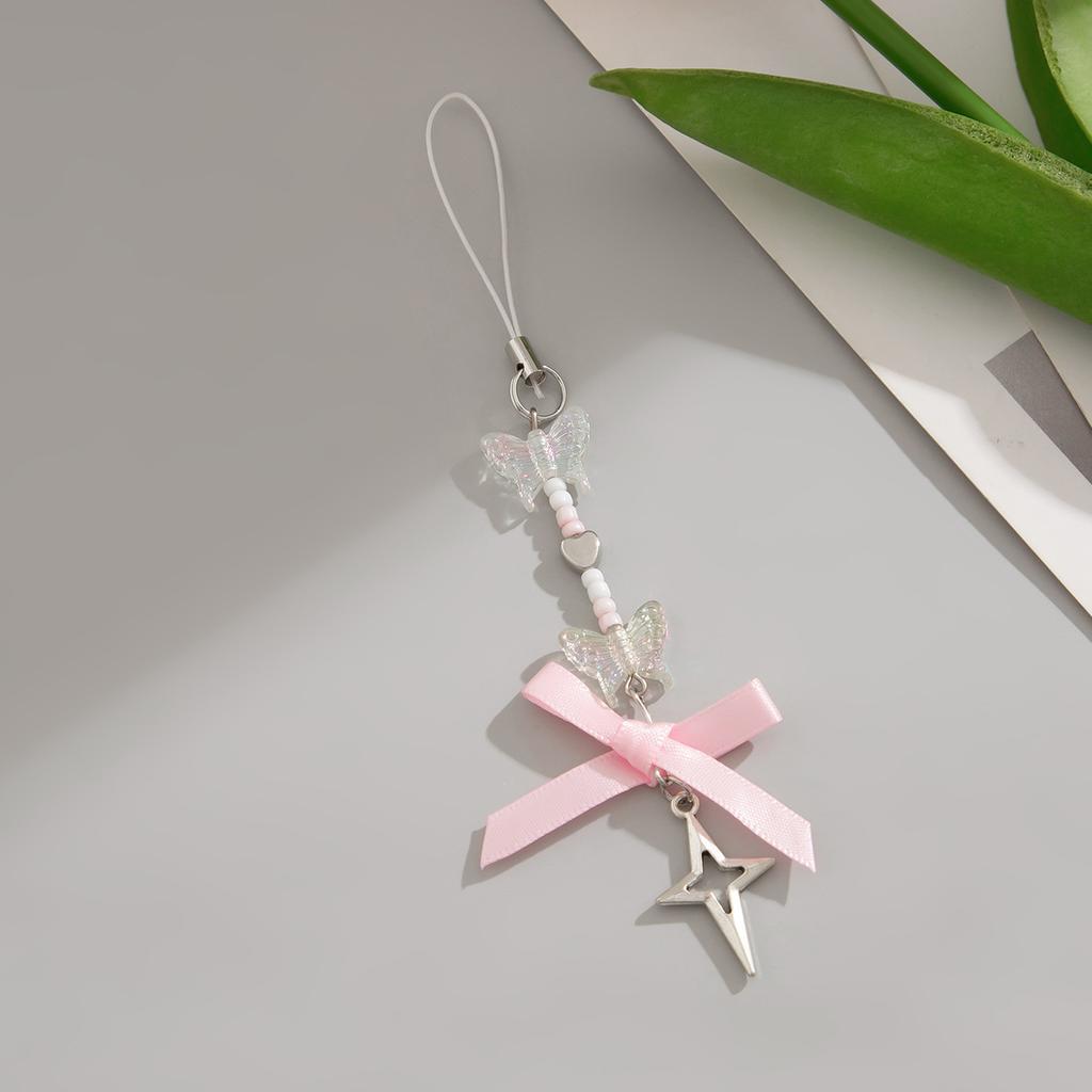 Cute Strap Bow Strawberry Pendant Mobile Phone Chain Bow Beaded Short Camera Pendant Keychain