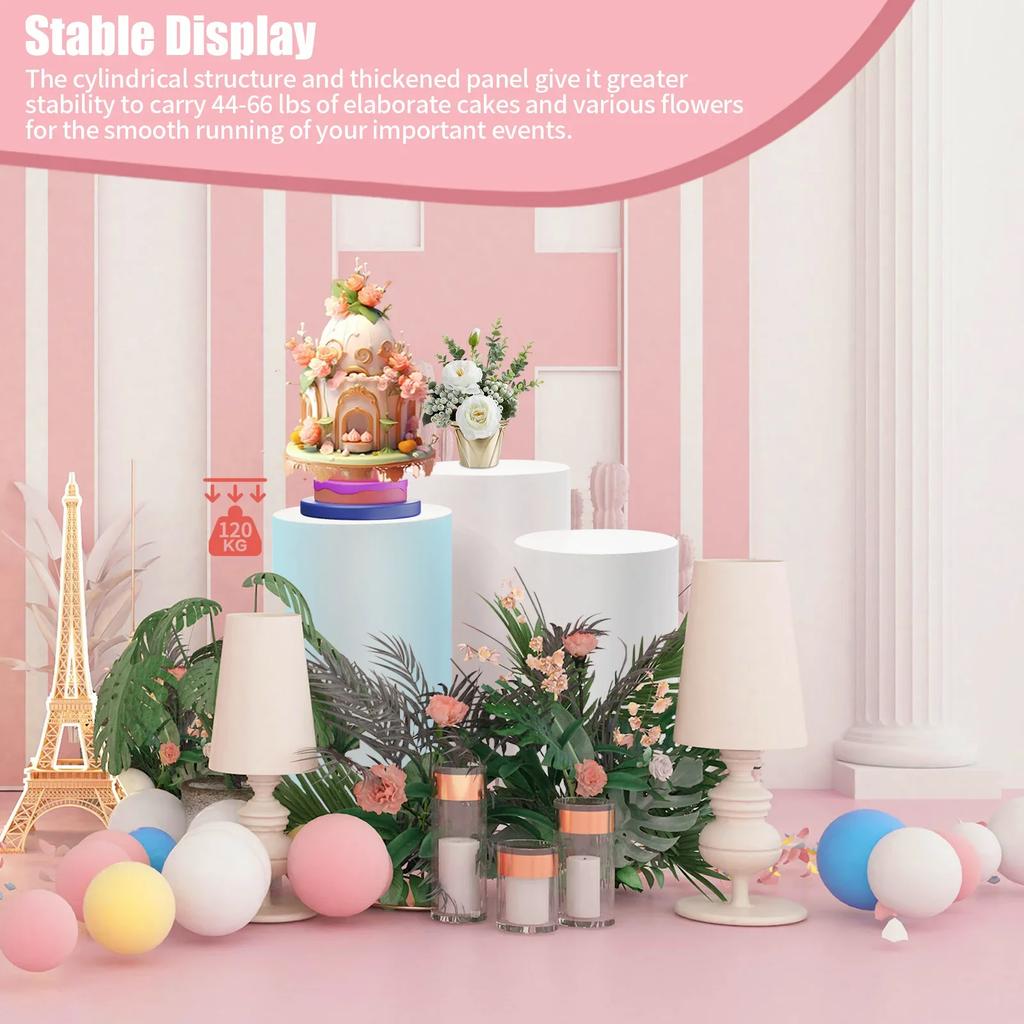 3-delige Cilindrische Displaystandaard (50 cm, 55 cm, 60 cm), Overlappende Witte DIY Decoratieve Tafel, Dessertschaal voor Bruiloften & Feesten