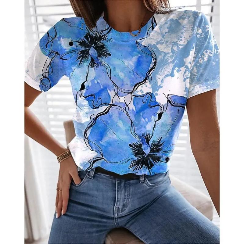 3D Flower Color Printed Crew Neck T-Shirt Flower Short Sleeve Fashion Women's Crew Neck Short Sleeve Tops Daily Wear