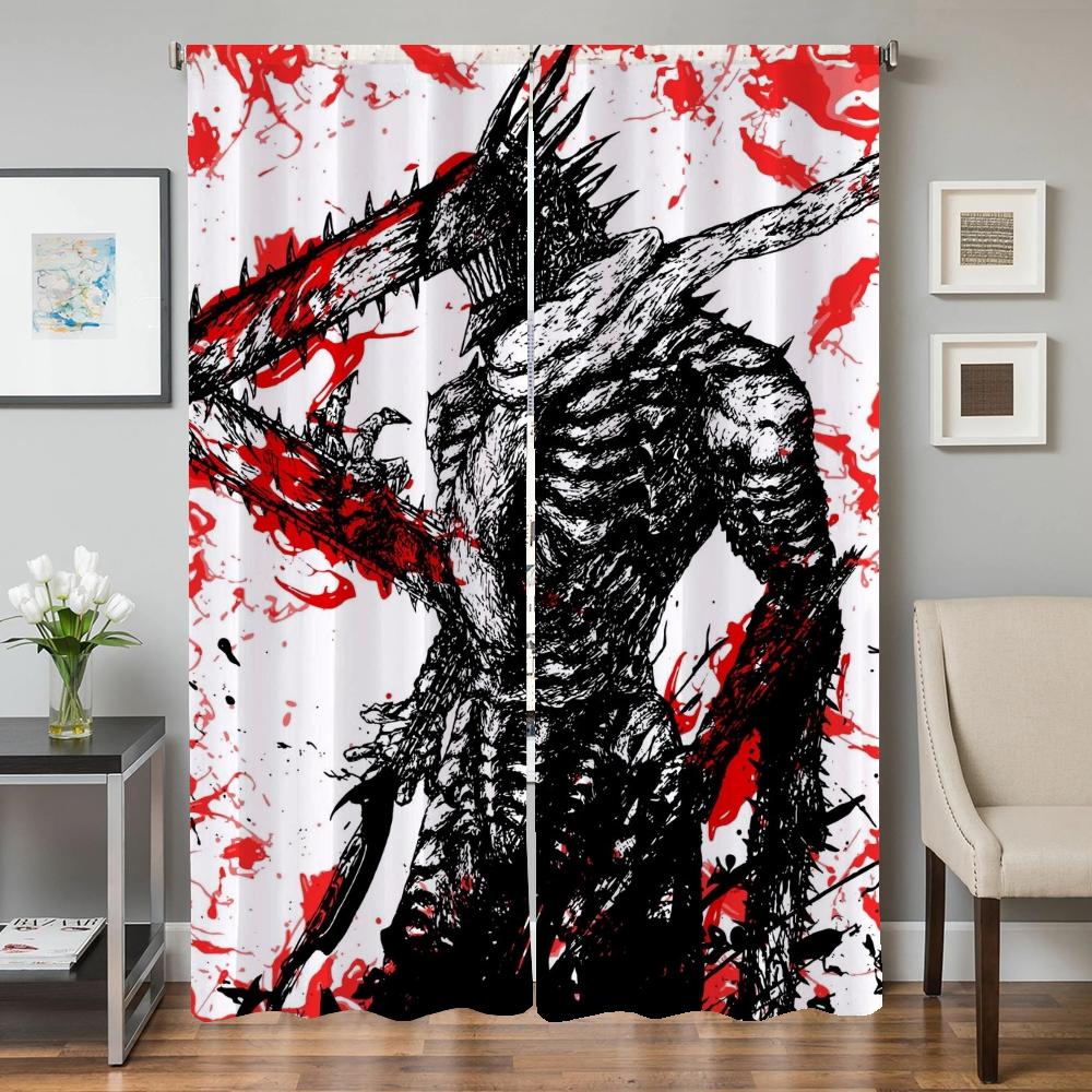 Home Interior Kitchen Curtains for Living Room 2 Pieces Blackout Curtains Door Curtain Chainsaw Man Bedroom Decoration Partition