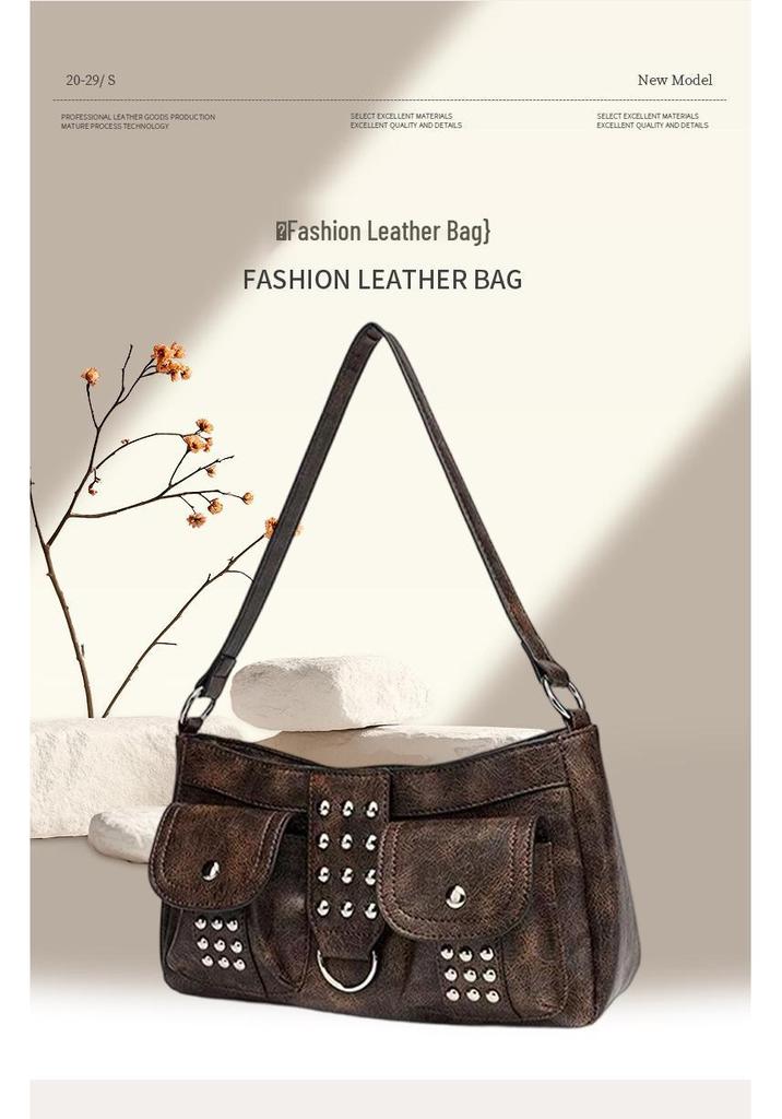 Retro Brown Studded Punk Shoulder Bag: Double Pocket Baguette for the Bold and Stylish