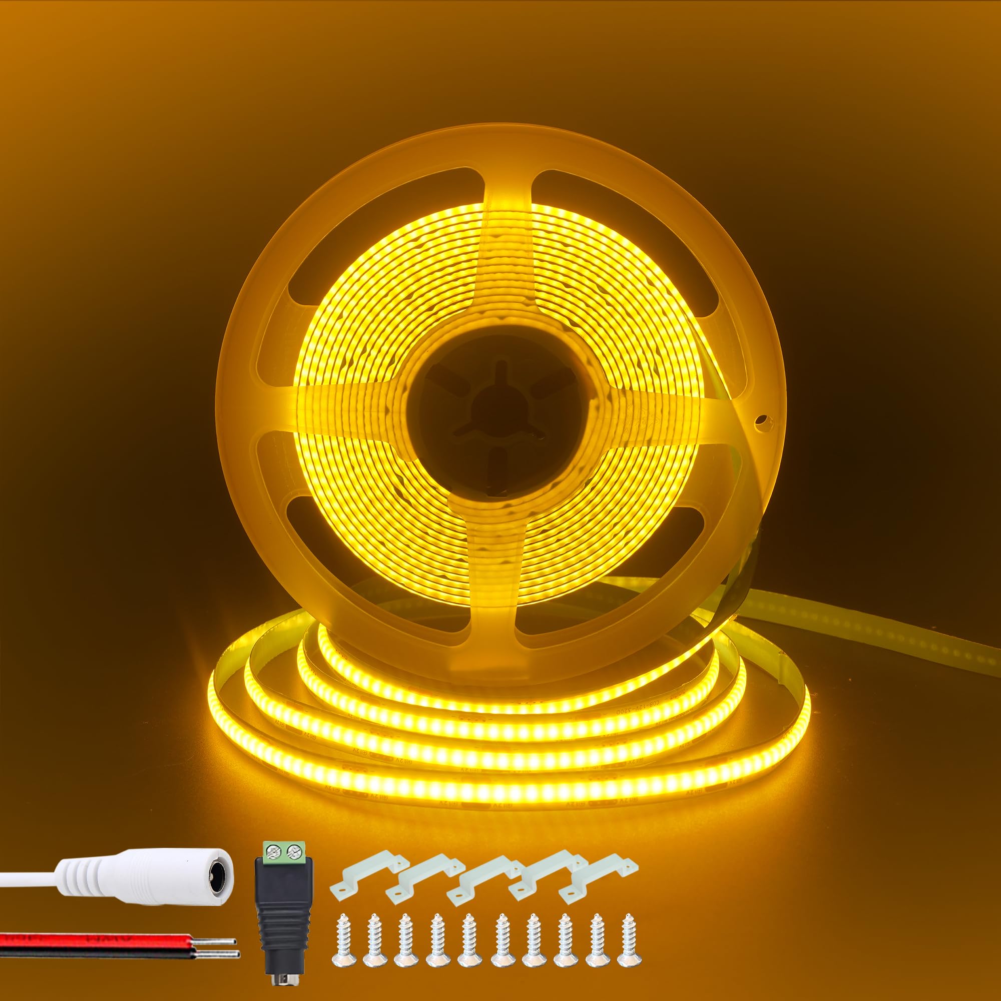 

Clearhill 12V DC COB LED Strip Light (Female + BlackRed Wire Connection), 5M Orange, 320 LEDsM, Powerful Light, 8mm Width, Non-Waterproof, IP20,