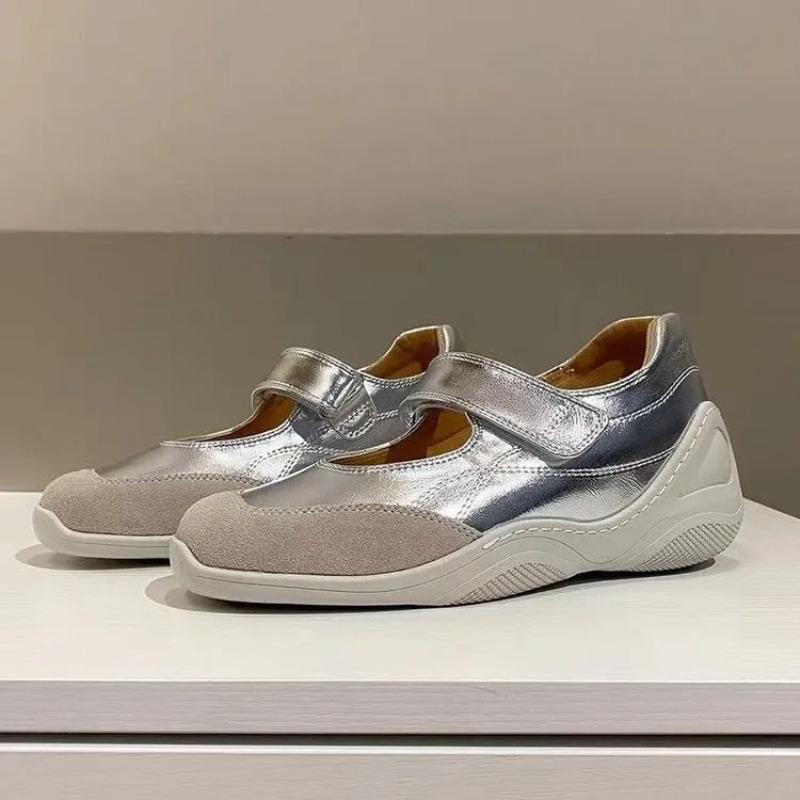 Fashion Shallow Flat Sport Mary Ballet Shoes Women's Vintage French Sport Silver Mary Jane Single Shoes