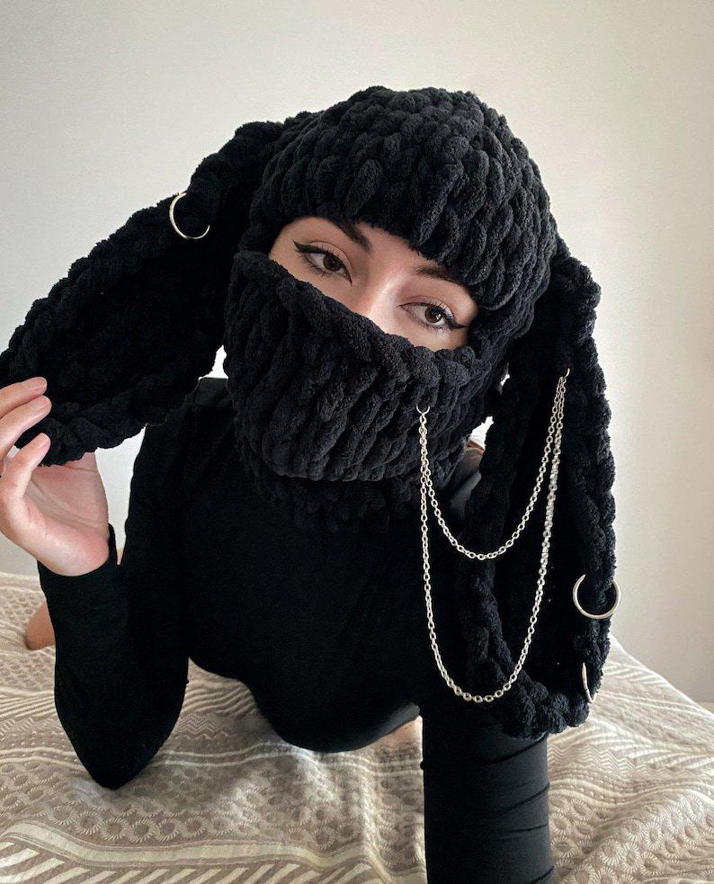 New Devil Horn Mask Thickened Fleece Knitted Hat Ice Strip Line Warm Neck Protection Punk Sweet Cool Wind Headgear Winter
