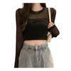 Top da donna con protezione solare, traforato, sottile, protezione solare, trasparente, anti-UV, con vita scoperta, a maniche lunghe, estivo, autunnale, girocollo, corto, lavorato a maglia, corto