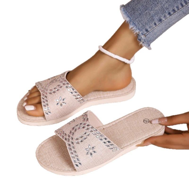 Large size summer new fashion rhinestone versatile platform slippers casual round head canvas lightweight sandals