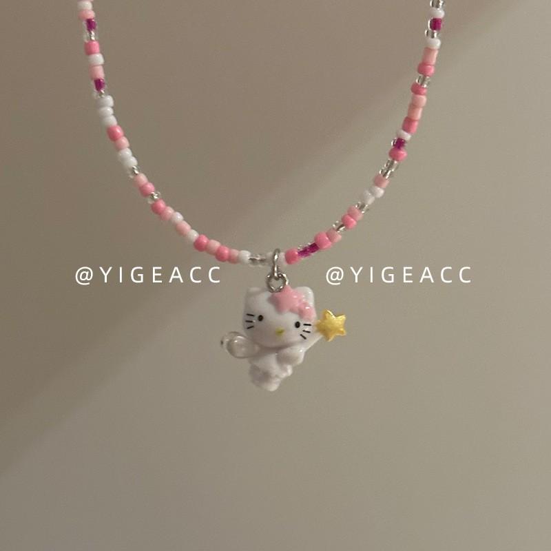 Acrylic Cartoon Pendant Necklace Girls - Colorful Beaded Chain Kawaii Cat Design Sweet Princess Style Jewelry Accessory KT Pink Beaded Necklace