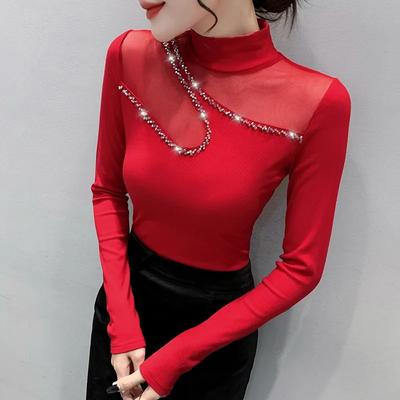 Top Feminino Preto de Gola Alta em Malha Transparente com Decoração de Strass Manga Longa Slim