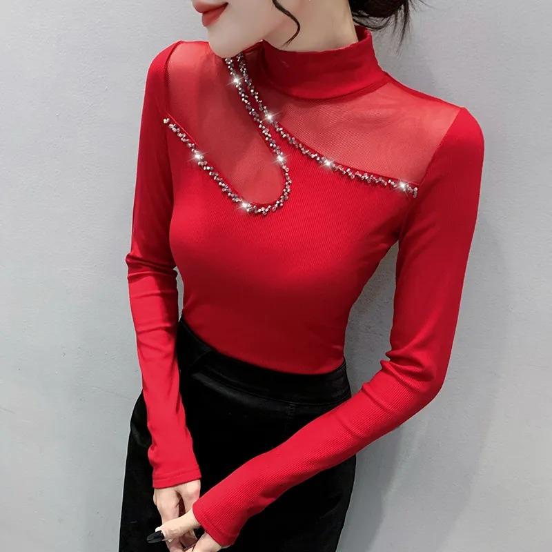 

Women s Black Turtleneck Sheer Mesh Rhinestone Decor Slim Long-Sleeve Top S червоний