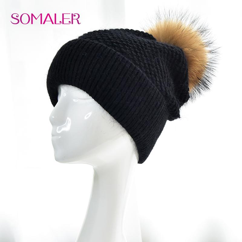 SOMALER Bonnet d'hiver en tricot épais avec pompon en vraie fourrure pour femme, bonnet d'hiver en tricot torsadé avec doublure en polaire chaude