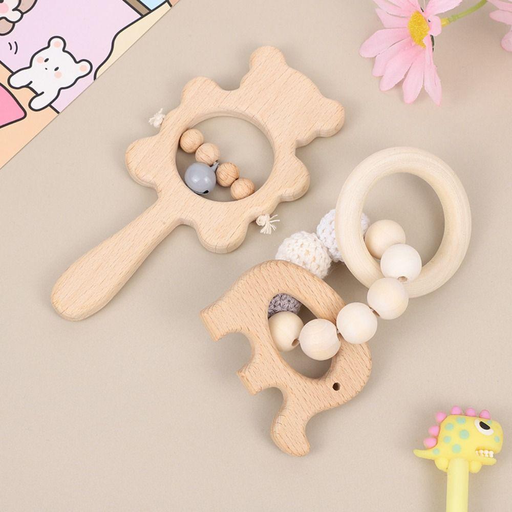 Anti-lost Wooden Baby Rattle Toy Cartoon Bear Wooden Rings Toy Handbell Rattle Toy  Kids