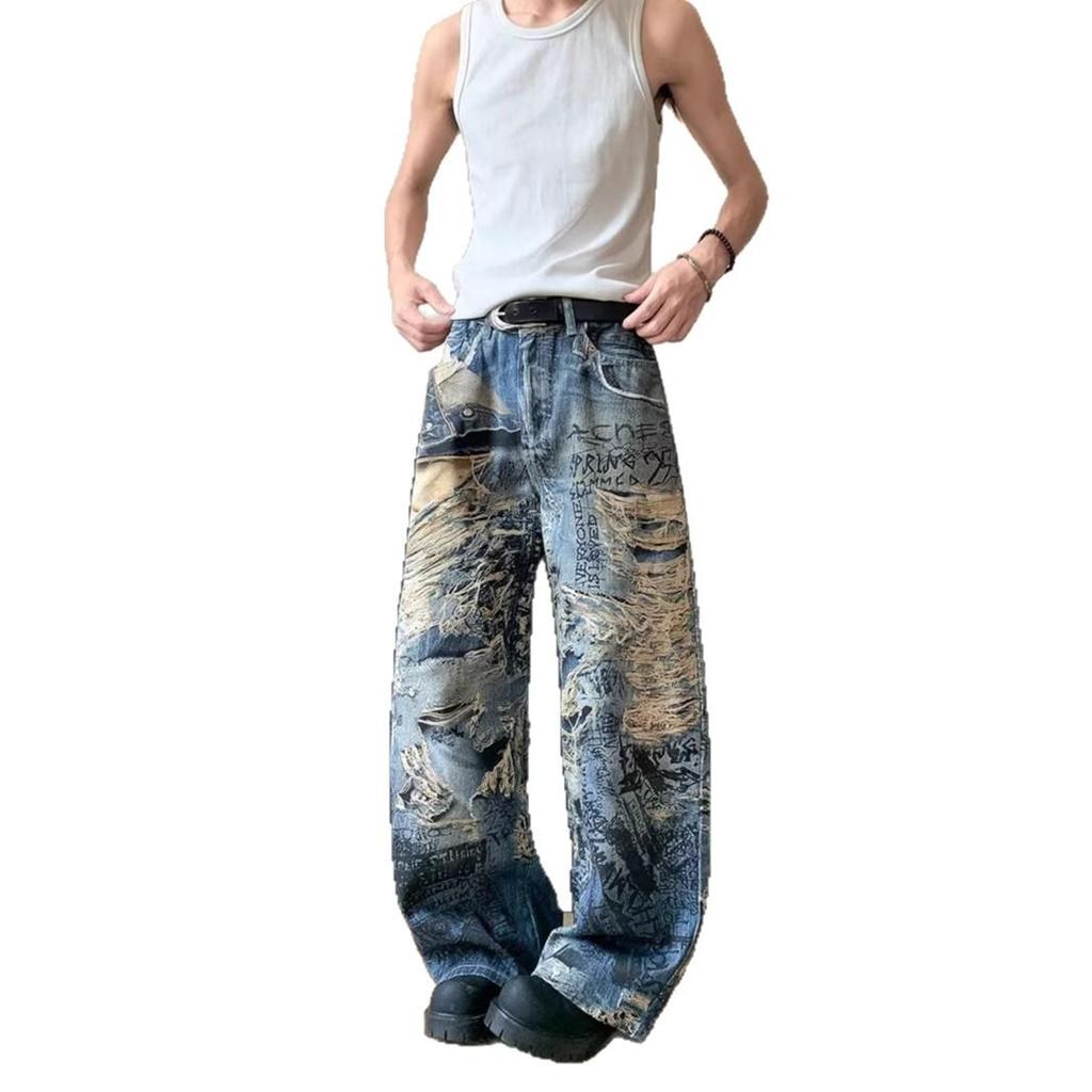 Women's Retro Graffiti Wide Leg Jeans - Casual Distressed Long Pants