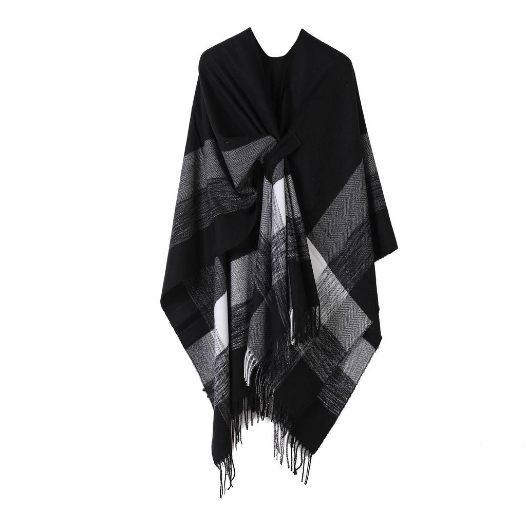 European & American Solid Color Imitation Cashmere Shawl Cape - Women's Autumn/Winter Warm Outerwear Scarf