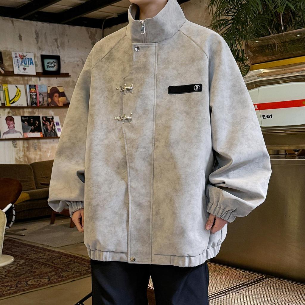 Men's Stand Collar PU Leather Jacket with Metal Buckle - Retro Tie-Dye Style for Spring & Autumn