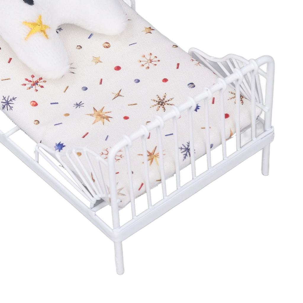 1:12 Scale Dollhouse Furniture Mini Bed Set Decorative Pillow Metal Frame Realistic Miniature Bed White Star Pattern