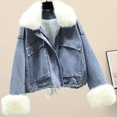 Winter New Style Fur Collar Denim Jacket Loose Velvet Denim Jacket for Women
