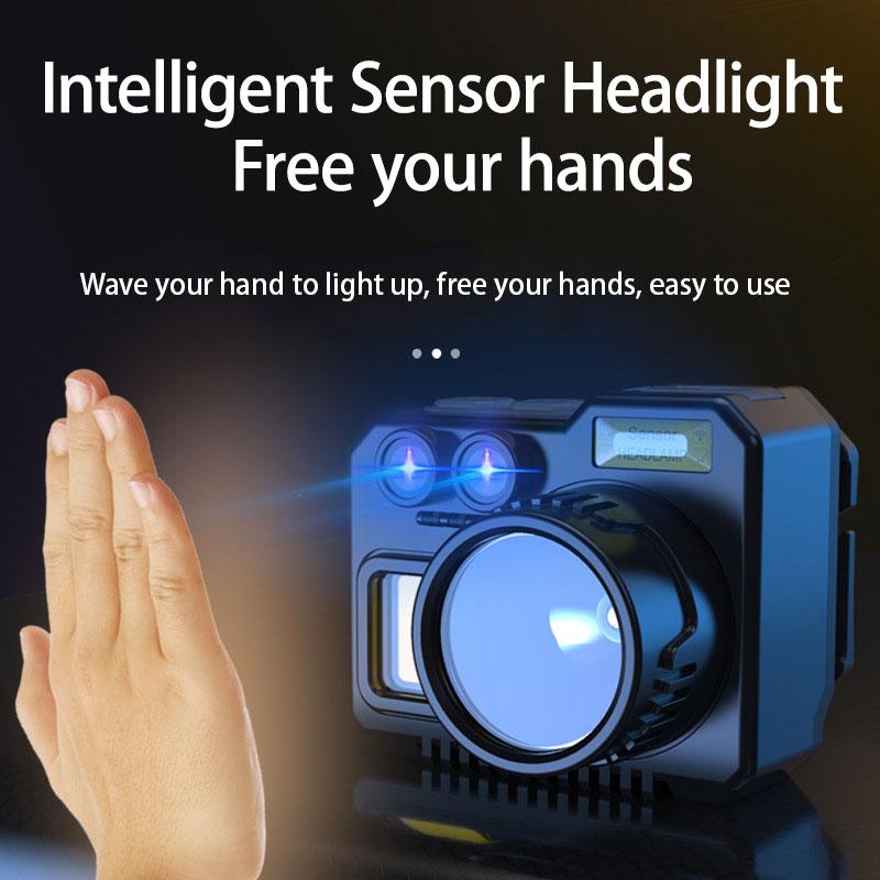 LED Headlight Mini Imitation Camera Smart Sensor Headlamp Rechargeable Head Mounted Torch 7 Lighting Modes Hiking Mining Fishing