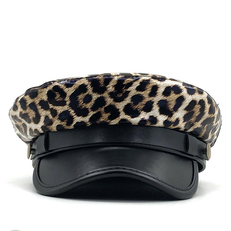 Leopard print hat, leather-brimmed military hat for men and women, leather flat-top hat, literary youth hat, European and American hat.