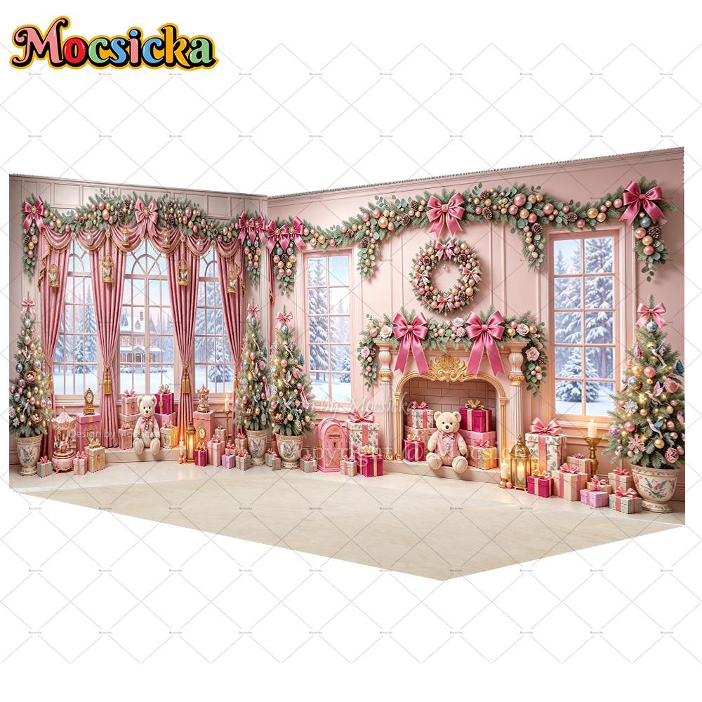 Mocsicka 3D Pink Christmas Room Backdrop Photography Toy Bear Bow Fireplace Scene Curtain Background Girls Holiday Party Photo