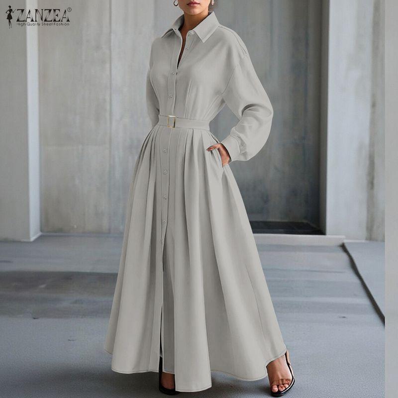 ZANZEA Damen Umlegekragen Langarm Casual Long Shirt Kleid