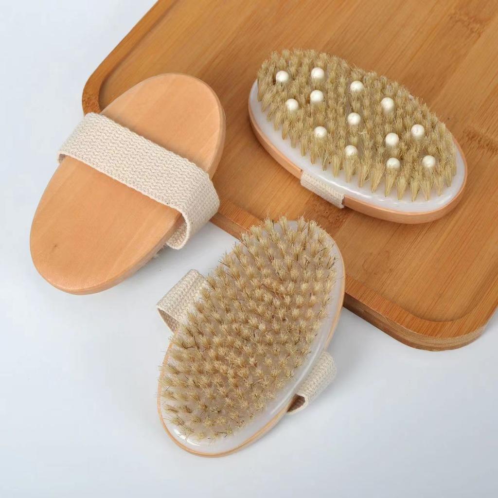 1PC Natural Bristle Body Brush - Exfoliating Wooden Massage Brush for Cellulite & Dead Skin - Wet/Dry Use - SPA Shower Brush