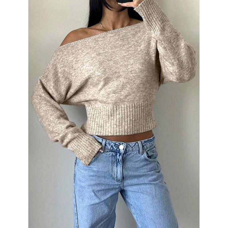 Новая повседневная трикотажная женская мода: свободный свитер с открытыми плечами и высокой талией, однотонные офисные женские свитера. XL бежевый
