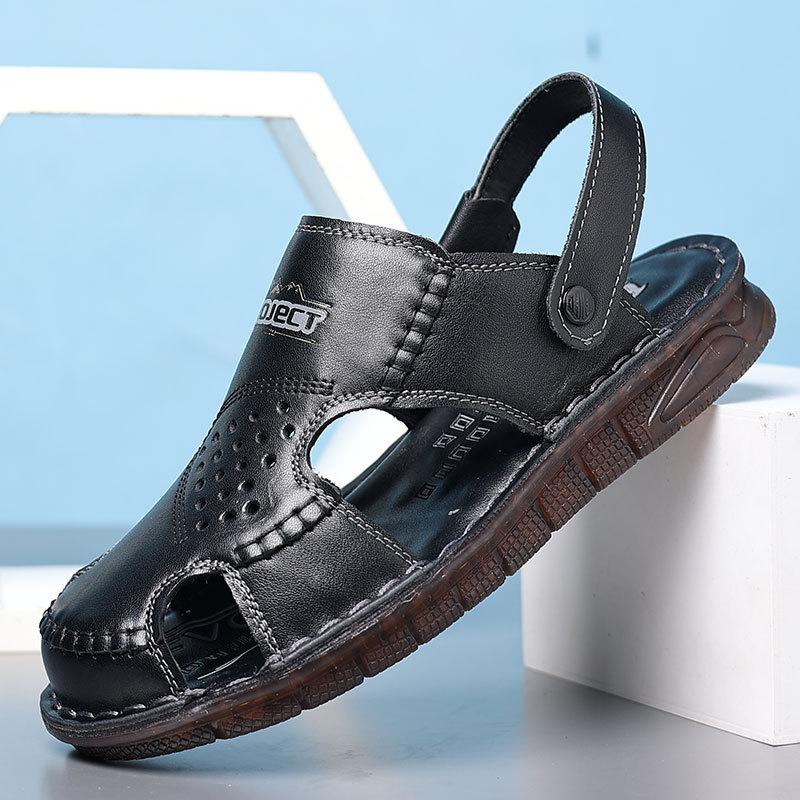 

Men s Genuine Leather Sandals 2025 Summer Classic Men Flat Casual Shoes Outdoor Beach Cool Slippers Rubber Flip Flops Size 38-44 38 чёрный
