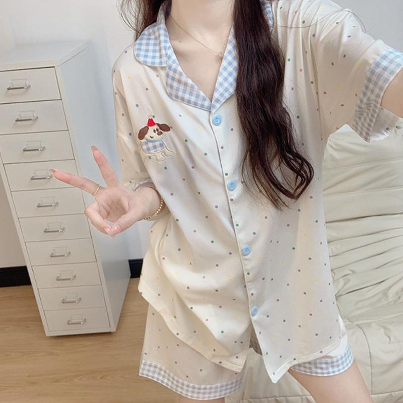 Polka Dot Puppy Pajamas Women'S Summer Contrasting Color Plaid Lapel Cardigan Short-Sleeved Loose Loungewear Set