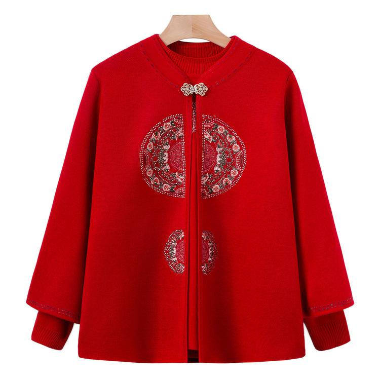 Grandma's New Knitted Sweater Set for Two-piece Middle-aged and Elderly Mothers Wear Wedding Banquet Festive Sweater Set for Elderly Coat