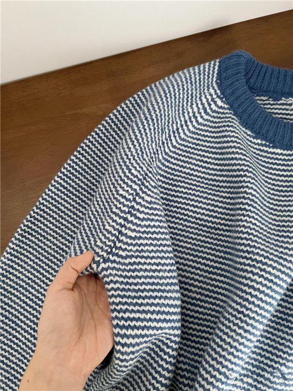 Korean retro contrasting striped blue sweater women's loose lazy high-end casual thickened knitted top