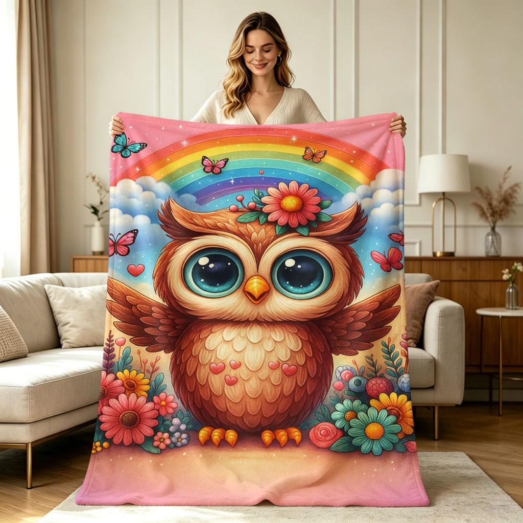 All Season Flannel Blanket with Cute Owl Rainbow Floral Butterfly Print Soft Warm Throw Blanket for Sofa Couch Bedroom Living Room Office Home Decor