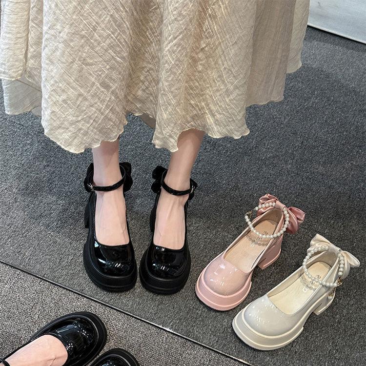 Single shoes women's 2025 spring and autumn new bow French high heels thick heel Mary Jane shoes platform small leather shoes