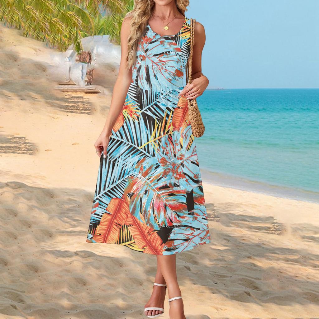 Elegante abito estivo da donna, abbigliamento casual chic, gonna prendisole da spiaggia con tasche