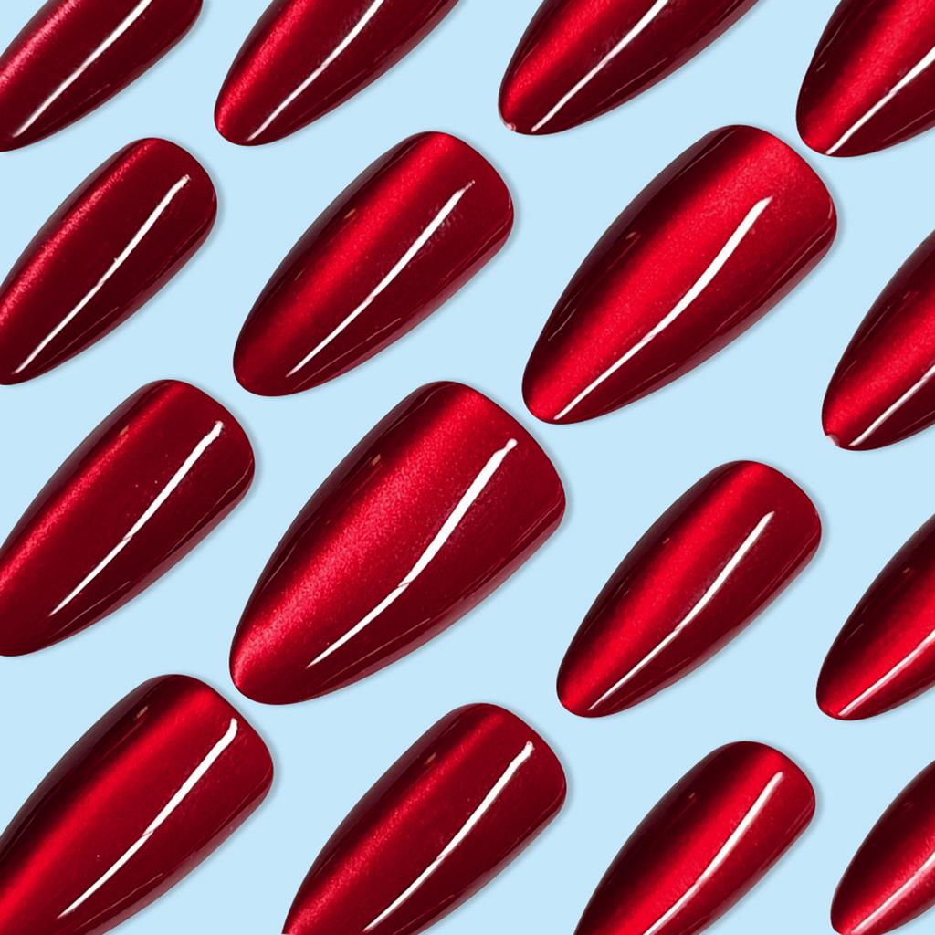 Cherry Red Cat Eyes Artificial Nails Finger Natural Unbreakable Nail Simple Wear for Women Nail Art Decoration