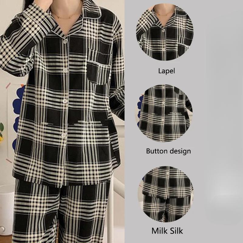 Pyjama Strickjacke Revers Herbst und Winter Retro Langarm Lange Hose Student Schlafen Pflegeleicht Schwarz Karo Damen