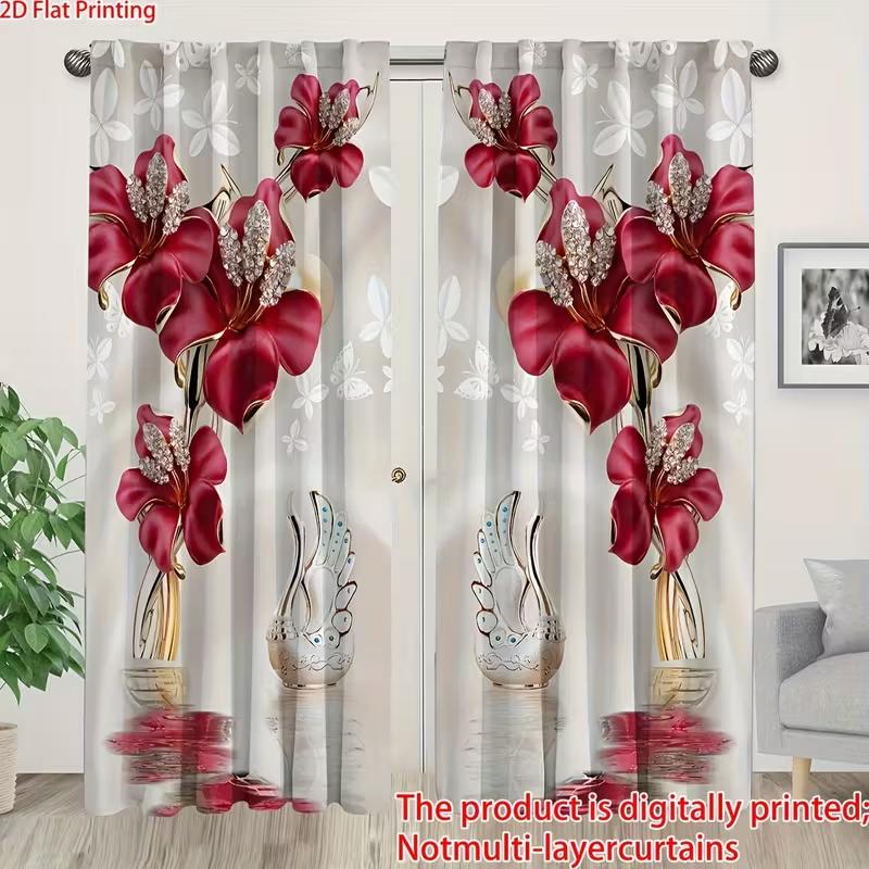 

2pcs Red Floral & Swan Patterned Curtains, Design for Living Room Bedroom Elegant Home Window, Rod Pocket Curtains 24x59in(60x150CM)x2&Rod Pocket
