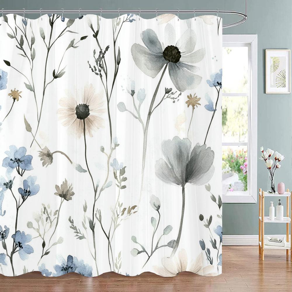 Modern Watercolor Blue Flowers Print Shower Curtain, Polyester Shower Curtain with Hooks for Bathroom Decorative Shower Curtain