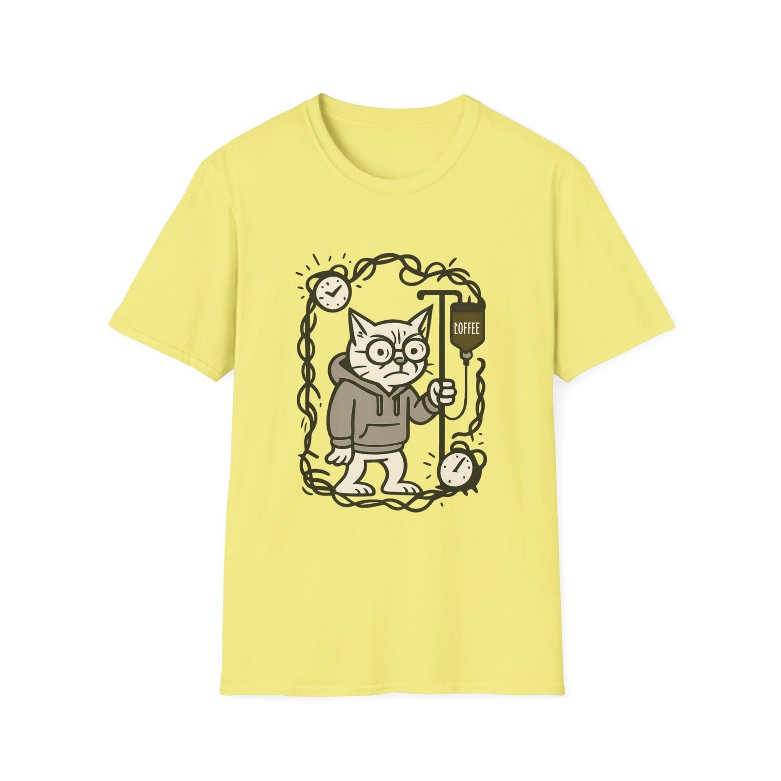 Unisex Softstyle T-Shirt Mens Womens Tees Top, Tired Cat with Coffee IV Drip, Morning Caffeine Addict L