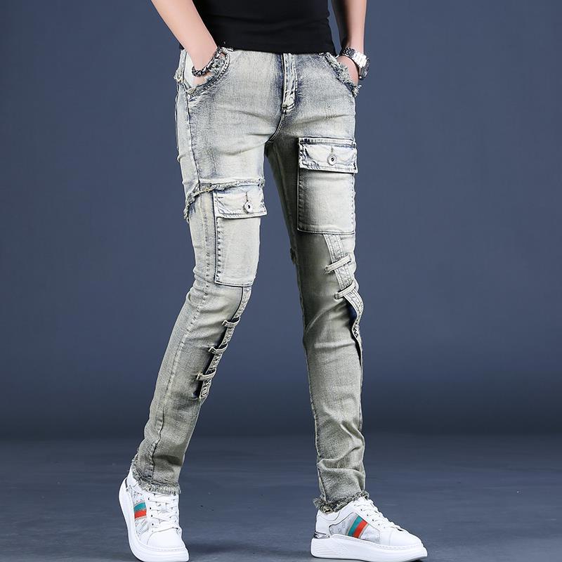 Men's Retro Heavy Washed Slim Fit Workwear Jeans - Spring & Autumn Scraped Edge Skinny Trousers