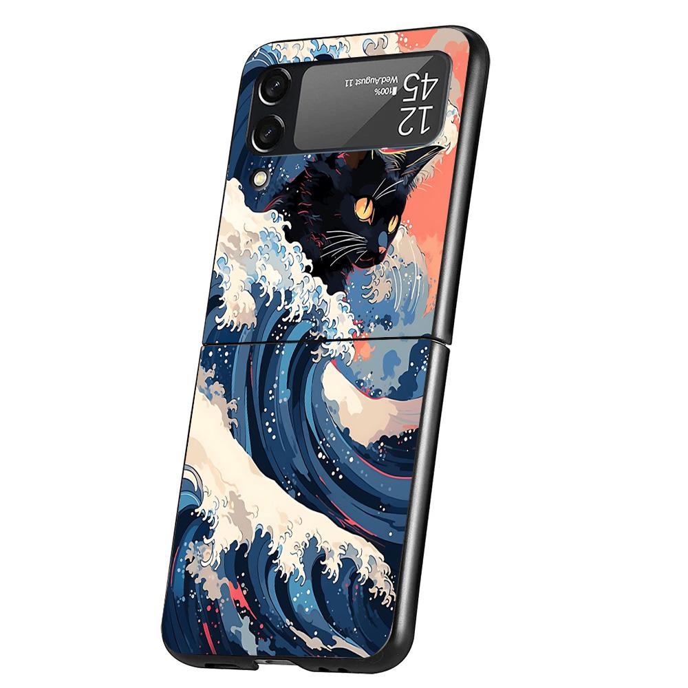 Anime Cat Sea Wave Aesthetic Cover Phone Case For Samsung Galaxy Z Flip 7 6 5 4 3 5G Flip7 Flip6 Flip5 Flip4 Flip3 Black Fundas