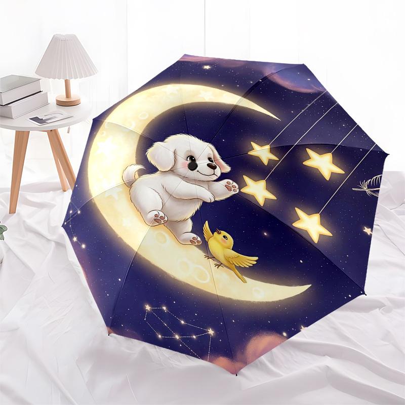 1pc Moonlit Night with Puppy and Stars Umbrella with Plastic Handle,Compact & Stylish,Cartoon Pattern,Outdoor UmbrellaPT303