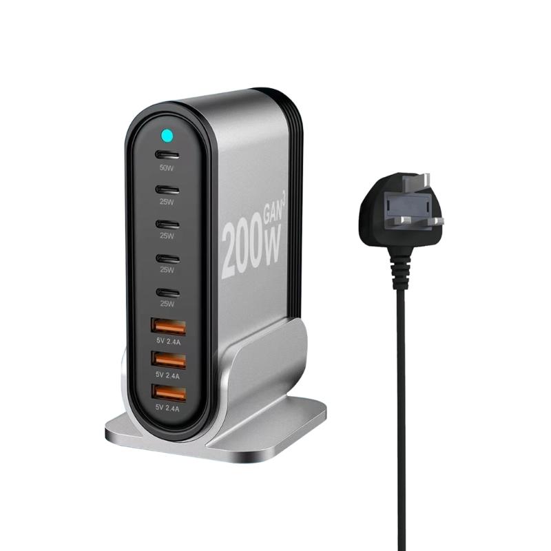 Aluminum Alloy Desktop Stand Charging Adapter 200W Charger with 3xUSB and 5xType C Interfaces for Multiple Devices