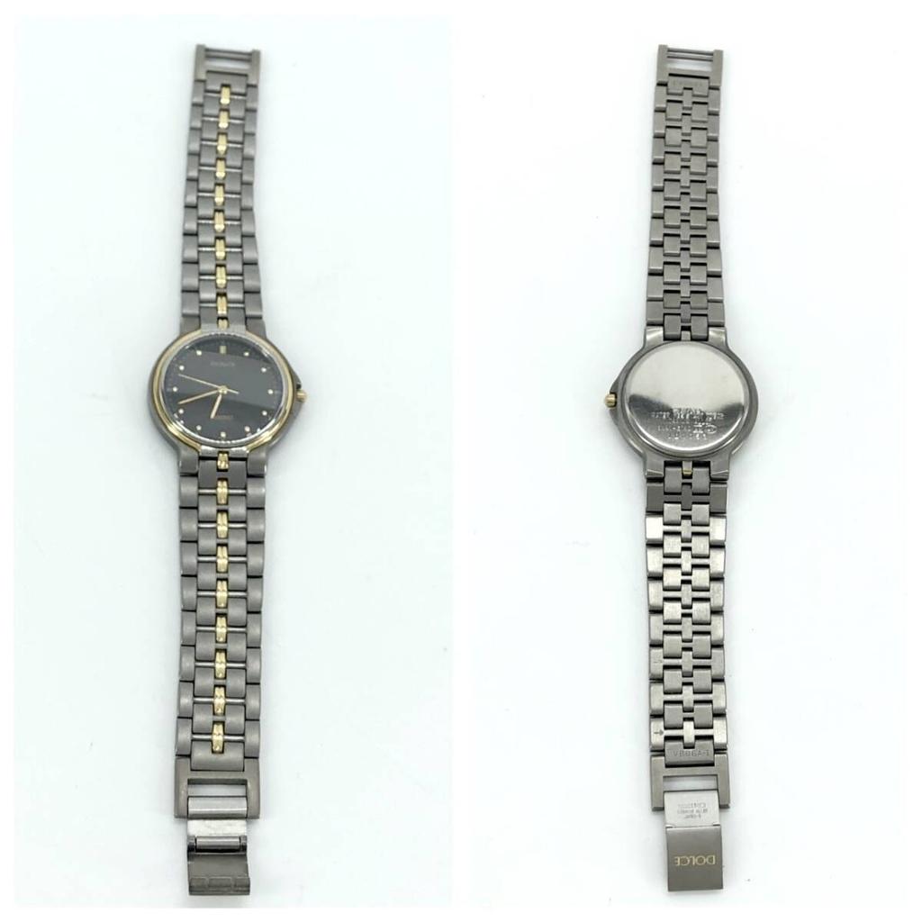 New battery Working SEIKO DOLCE quartz manufactured in Black 10 ATM water 3 replaced. condition. 8N41-6140 watch, 1991. dial, titanium, ladies' watch