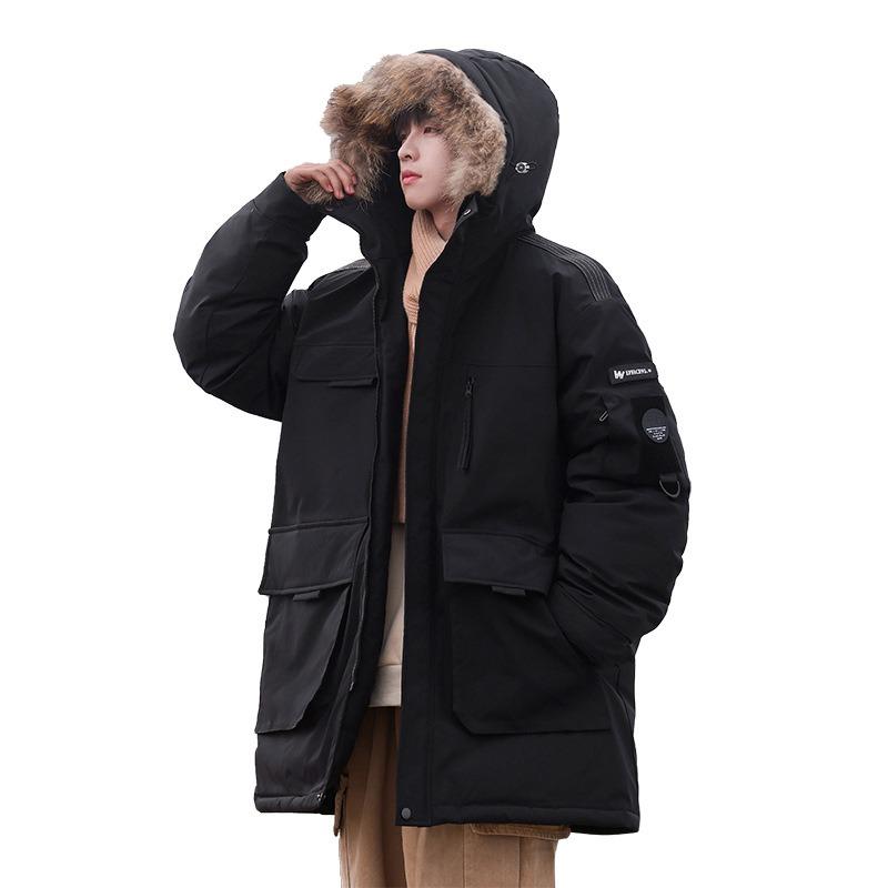 Down jacket hooded trendy fashion medium and long thickened warm couple winter new men's fur collar tooling