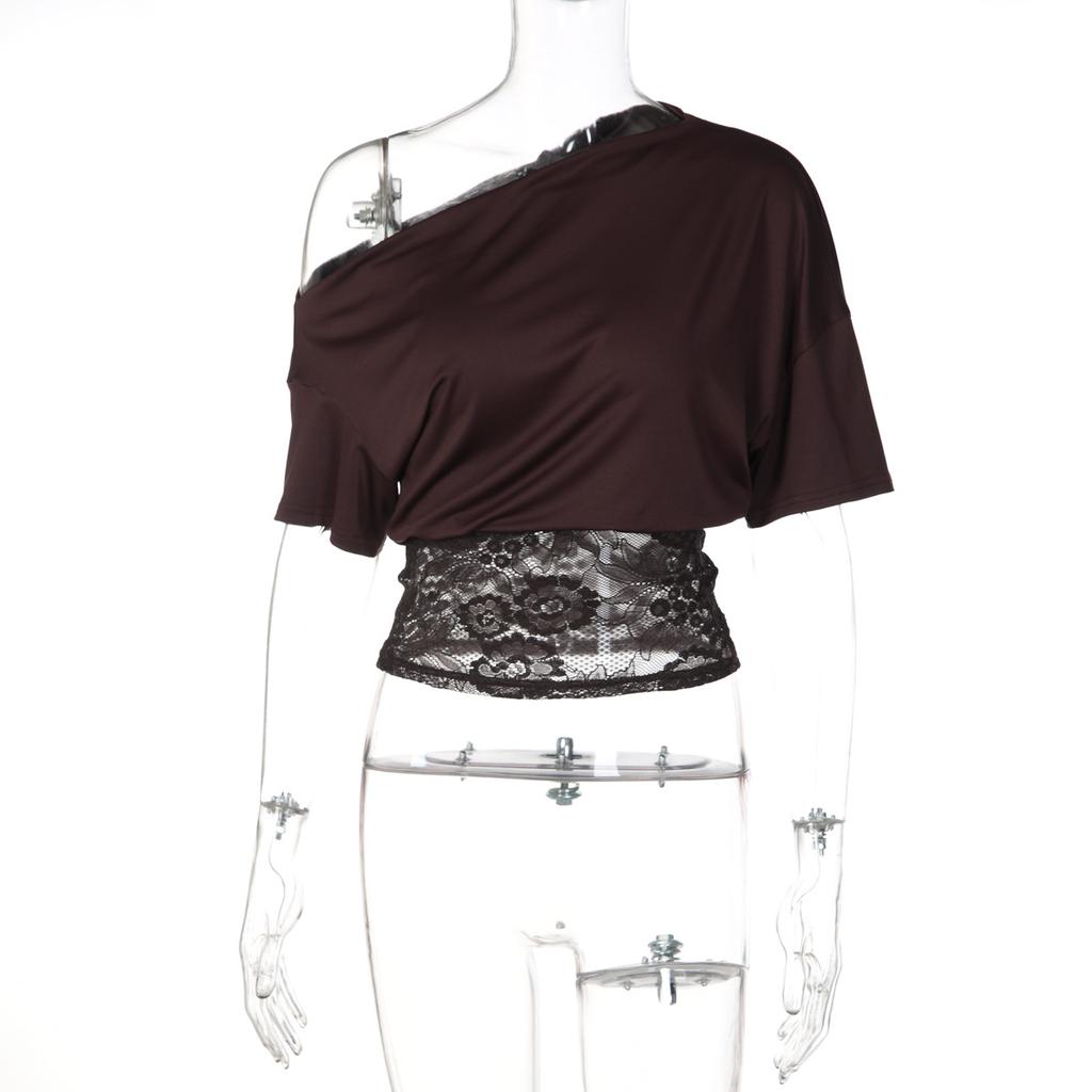 Women Sexy Slanted Neck Off Shoulder Short Sleeve Lace Patchwork Waist Cinched Cropped T Shirt