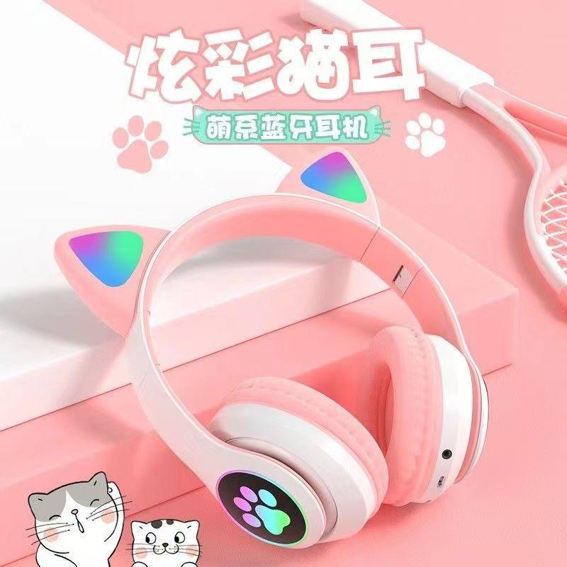 Cartoon luminous cat ear headset bluetooth headset wireless e-sports game headset for girls new