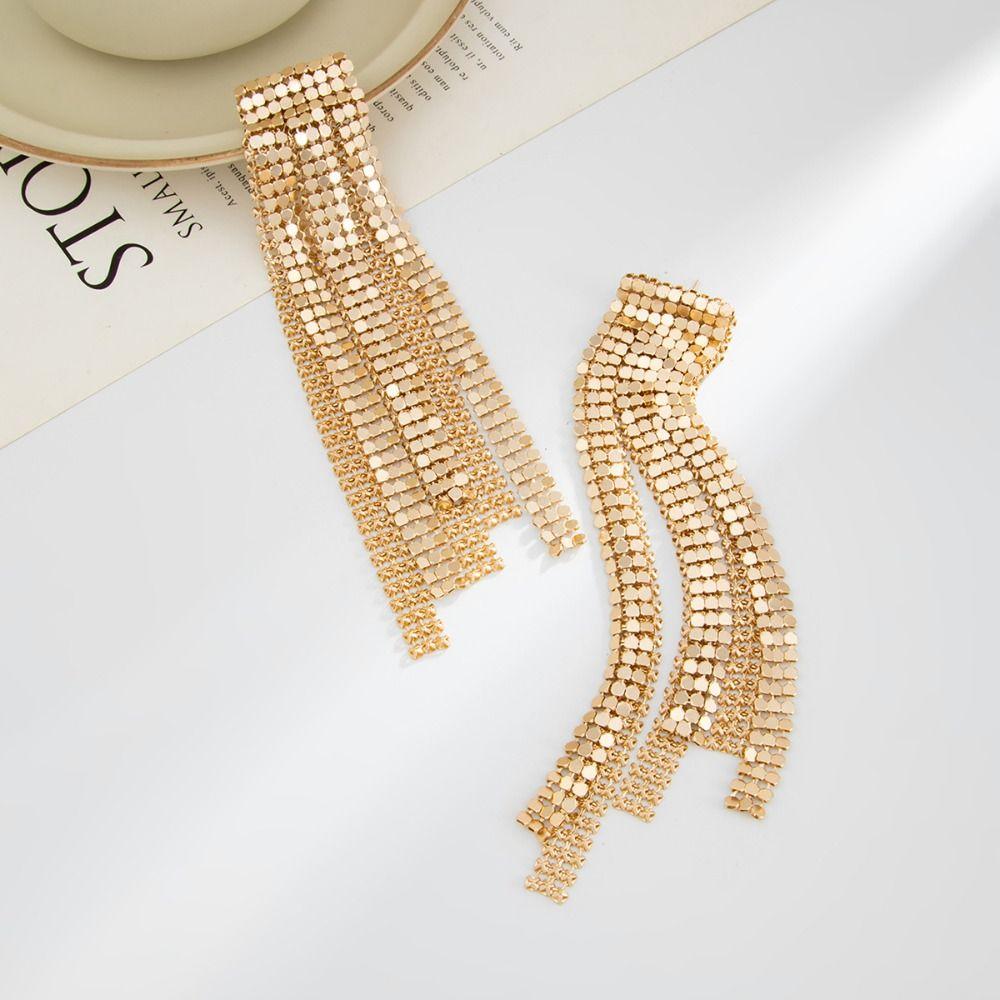 Korean Style Tassel Long  Earring Shiny Gold Chain Drop Earrings Simple Sequin Earrings  Party