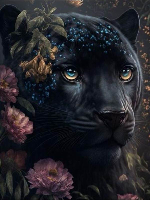 Pictură cu diamant Jungle Panther Diy Full Square Round Drill Broderie cu strass Animale sălbatice Mozaic Seturi cu punct de cruce Flori Decor de perete