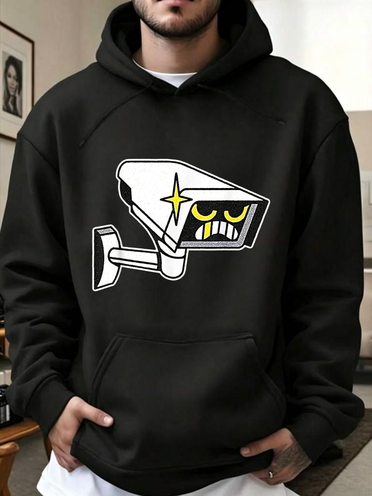 Streetwear Style Hoodie, Cartoon Security Camera Graphic Print, Casual Daily Wear Fall Winter, Gift for Boyfriend Son Friend